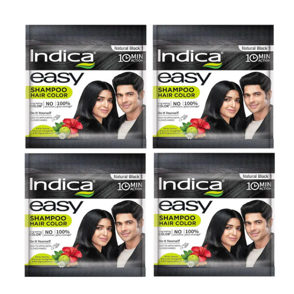 Indica Easy Shampoo Hair Color Natural Black No Amionia 10 Mnts -18ml Pack - 12 Pcs