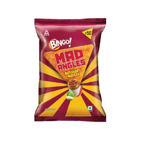 Bingo! Mad Angles Achaari Masti Mango Pickle Flavour Crunchy Triangle Chips -130g Pack - 12Pcs
