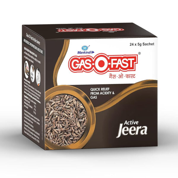 Mankind gas o fast for relieving acidity, active jeera 5 g sachet (pack of 24)